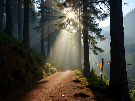 Meditation walking path through pine forest near Wangdicholing Meditation Center in Bumthang