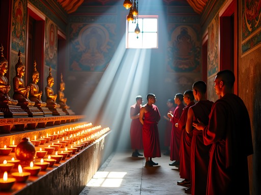 Interior of Jambay Lhakhang temple with monks performing morning rituals and butter lamps