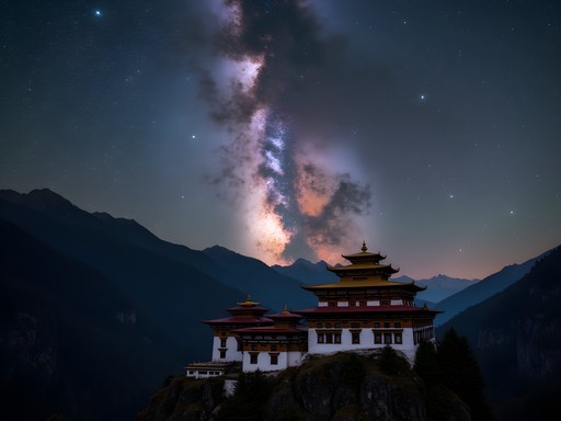 Milky Way galaxy over silhouetted Bhutanese monastery in Bumthang Valley