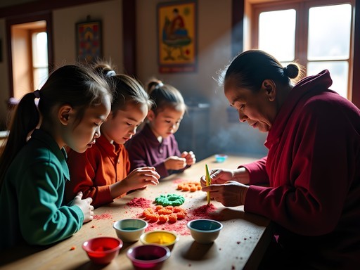Children learning to make traditional butter sculptures with Bhutanese nun