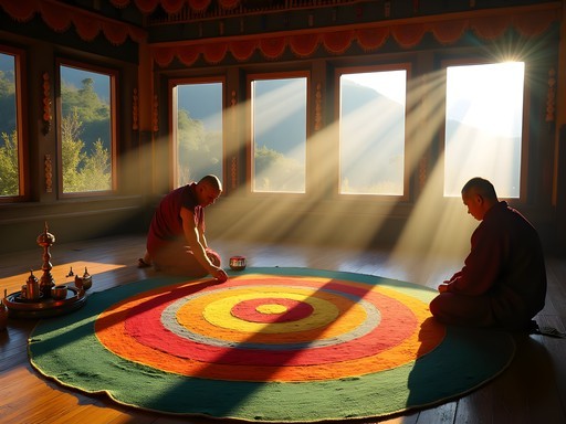 Early morning festival preparations at Jakar Dzong with monks creating sand mandala