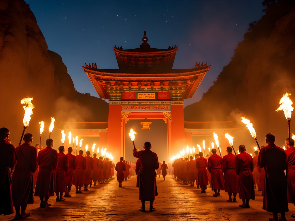 Nighttime fire ceremony at Jambay Lhakhang festival with monks and locals participating