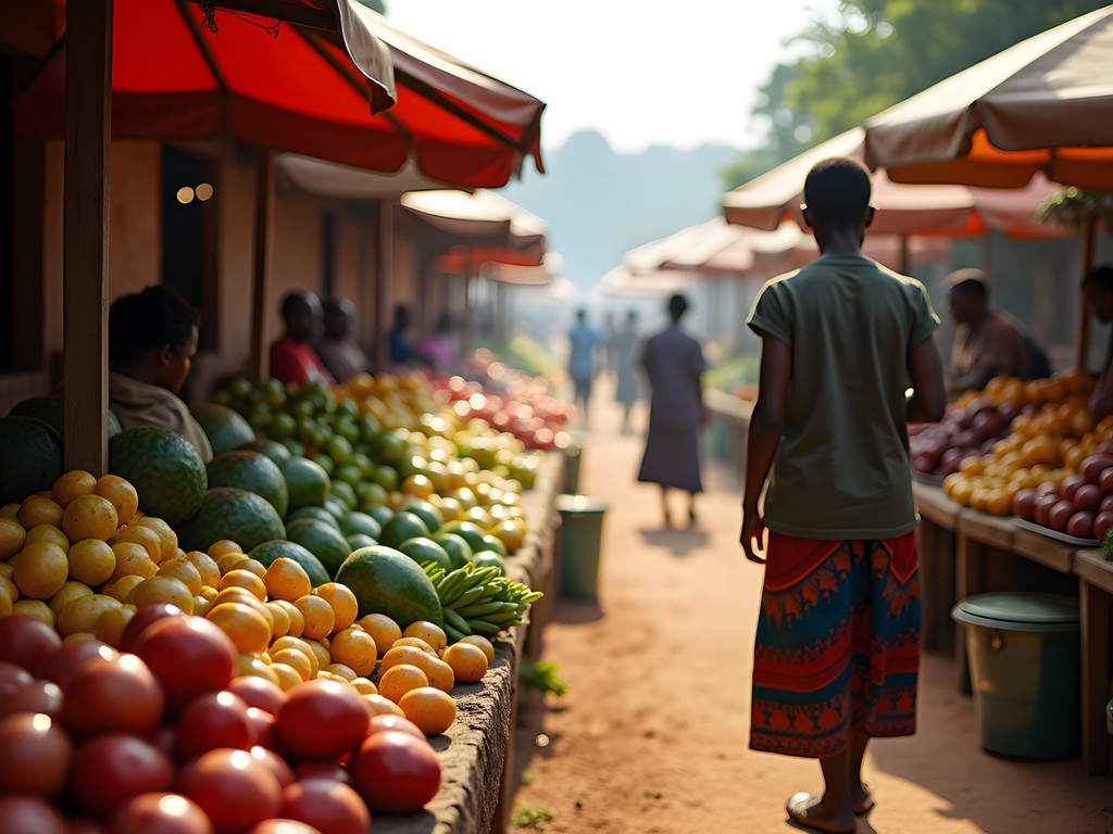 Early morning produce market in Butare with colorful fruits and vegetables