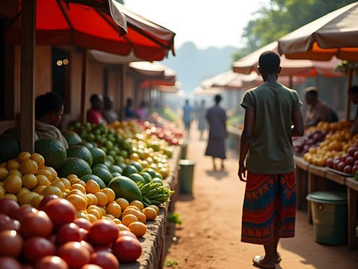 Early morning produce market in Butare with colorful fruits and vegetables