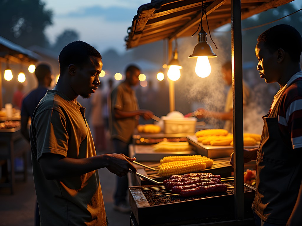 Evening street food vendors near University of Rwanda in Butare