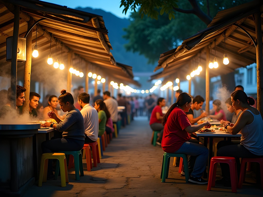 Evening food stalls at Galería Alameda market with locals enjoying traditional Colombian dishes