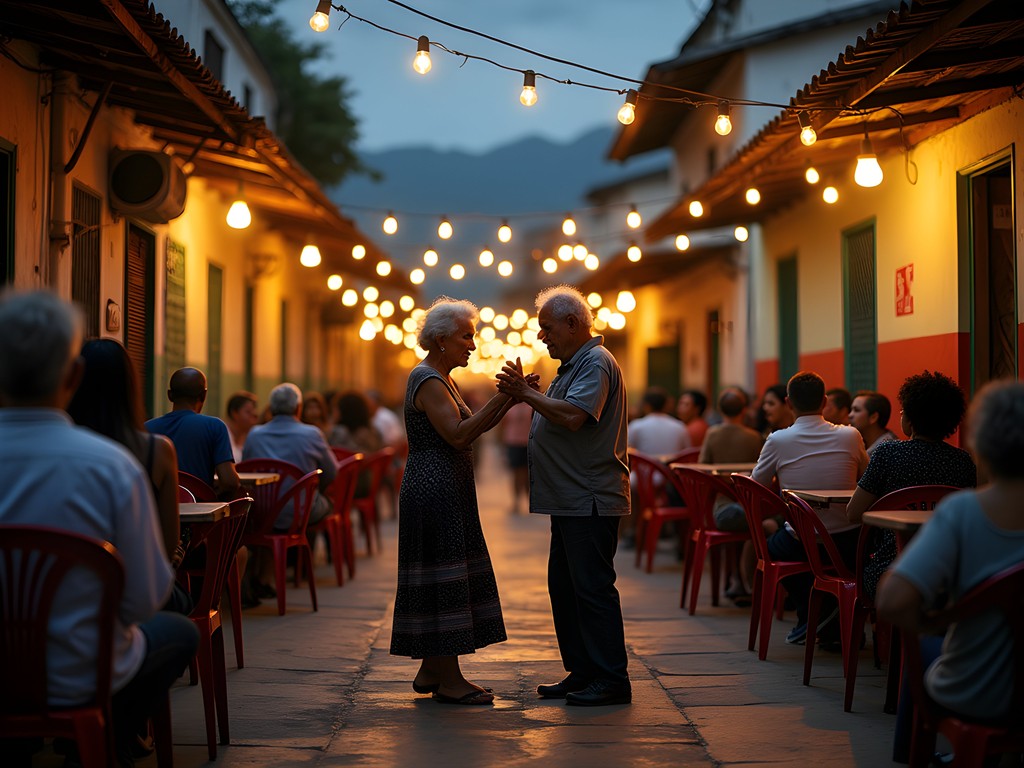 Elderly couples dancing traditional salsa at a Sunday viejoteca in Alameda neighborhood, Cali