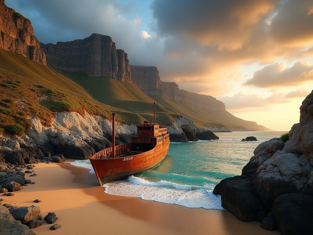 Dramatic hidden shipwreck coast with rusted hull remains against turquoise water at Cape Point