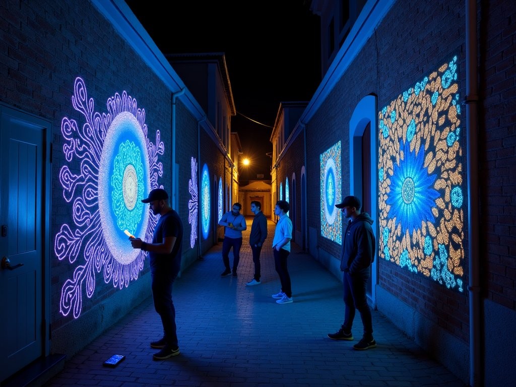 Hidden UV-reactive street art in Woodstock Cape Town revealed by flashlight at night