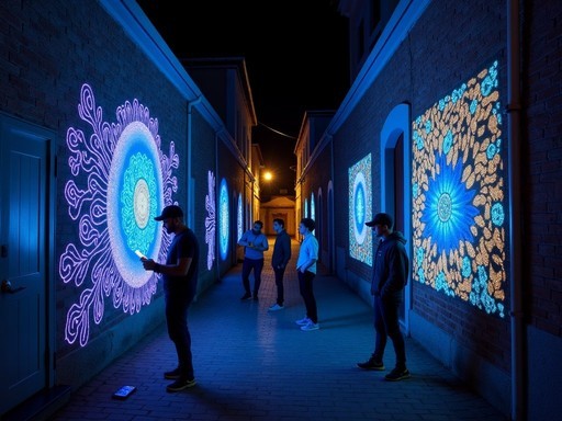 Hidden UV-reactive street art in Woodstock Cape Town revealed by flashlight at night