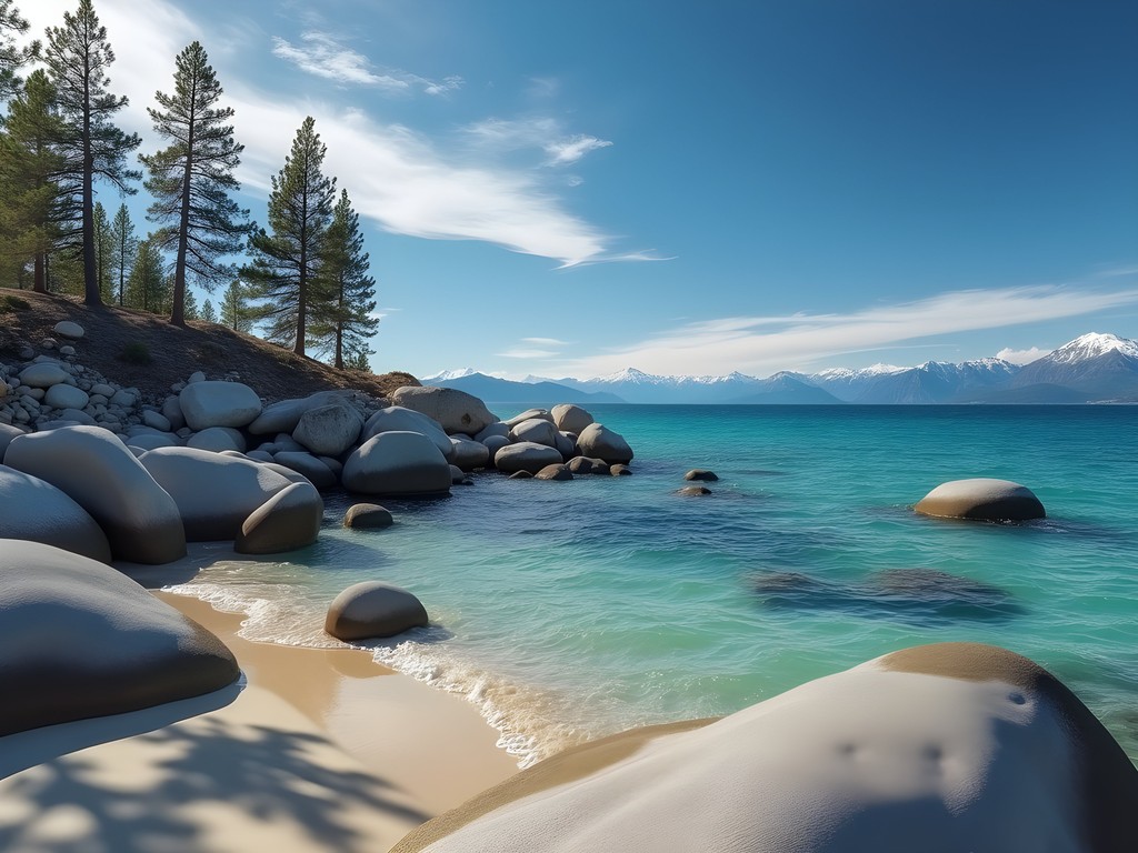 Crystal clear waters of Sand Harbor, Lake Tahoe with granite boulders