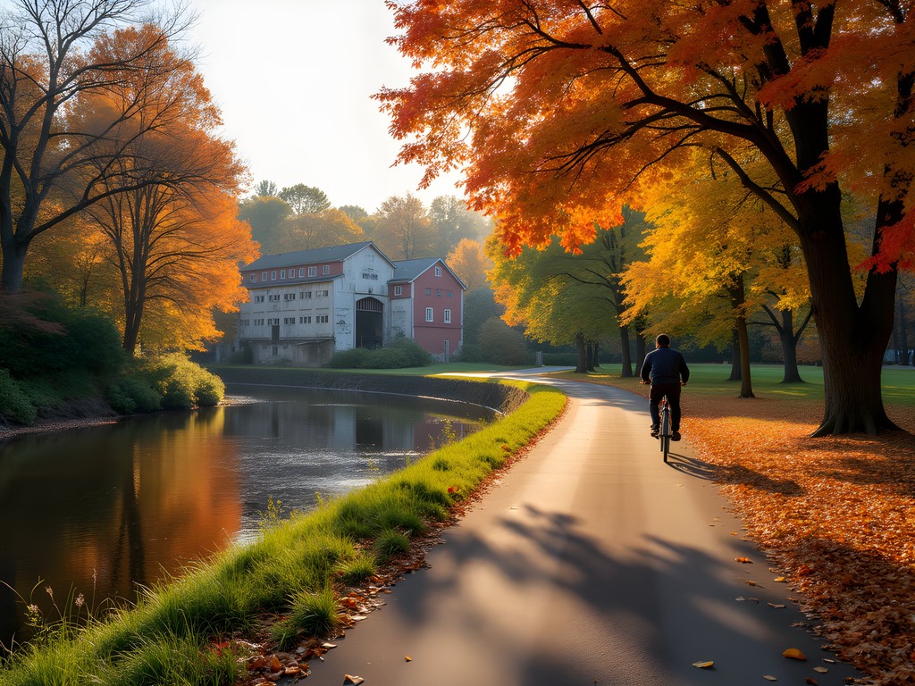 Cyclist on the Blackstone River Bikeway surrounded by fall foliage in Central Falls