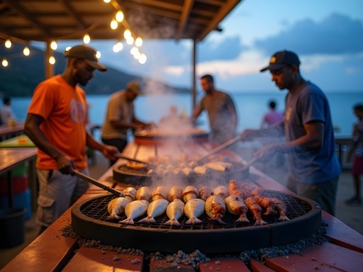 Authentic evening seafood barbecue at Charlestown fish market with locals grilling fresh catch