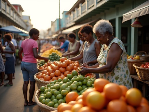 Vibrant Saturday morning market in Charlestown Nevis with local vendors selling tropical produce and crafts