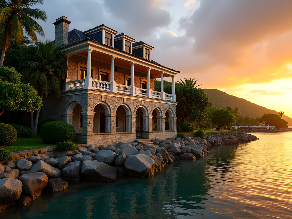 Historic Treasury Building in Charlestown Nevis at sunrise with golden light illuminating Georgian architecture