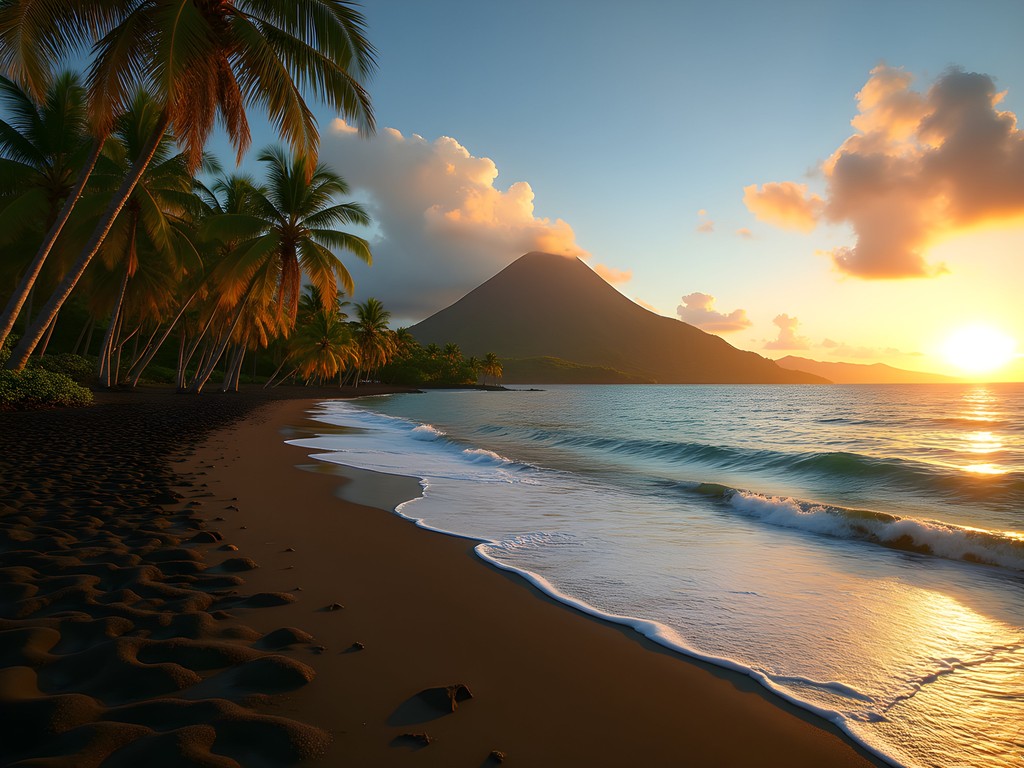 Secluded black sand beach at Gallows Bay near Charlestown Nevis at sunset with volcanic mountains in background