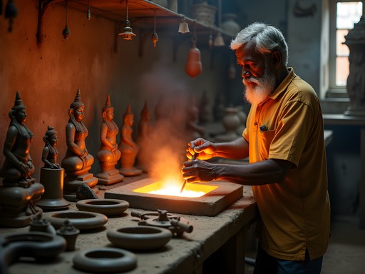 Traditional bronze casting artisan creating deity figure in Chennai workshop