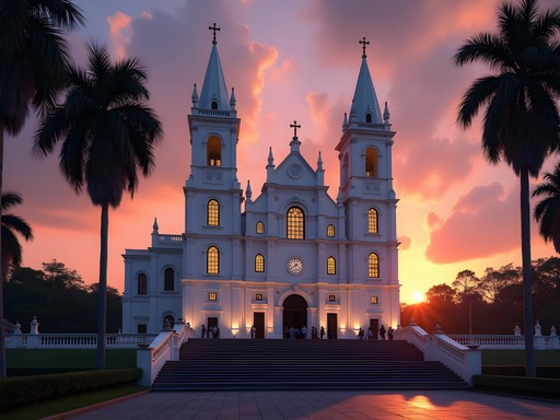 San Thome Basilica in Chennai illuminated at sunset with locals gathering
