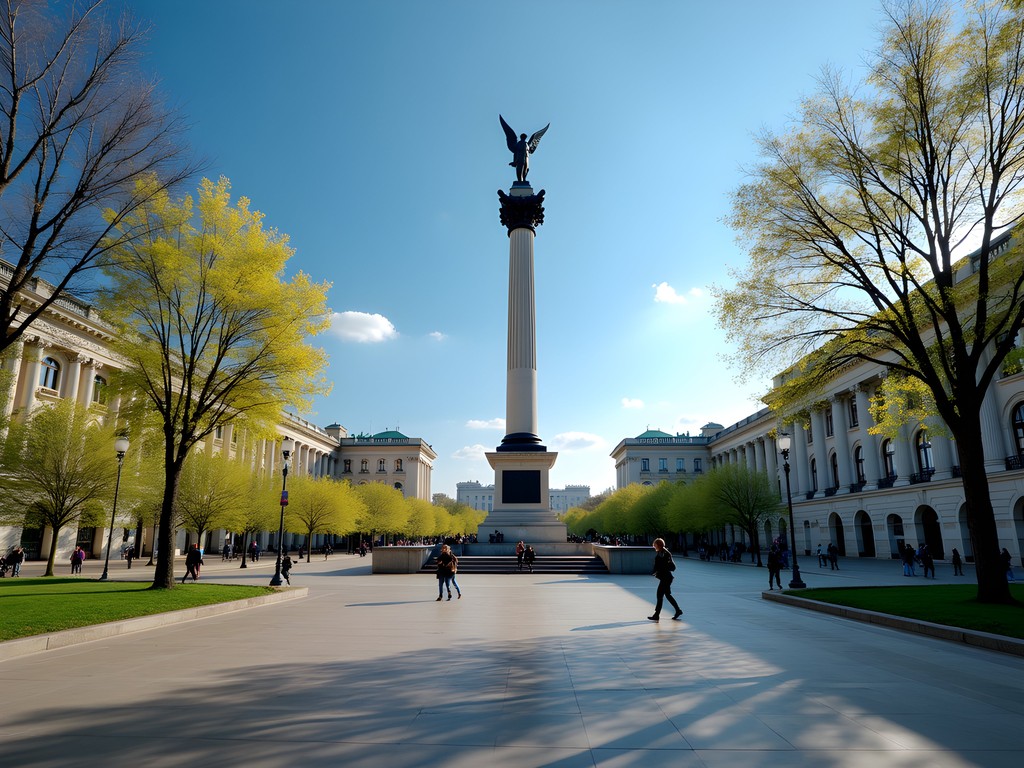 Independence Square (Maidan Nezalezhnosti) in Kyiv during spring with blooming trees