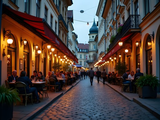 Evening street scene in Kyiv's historic Podil district with cafes and locals