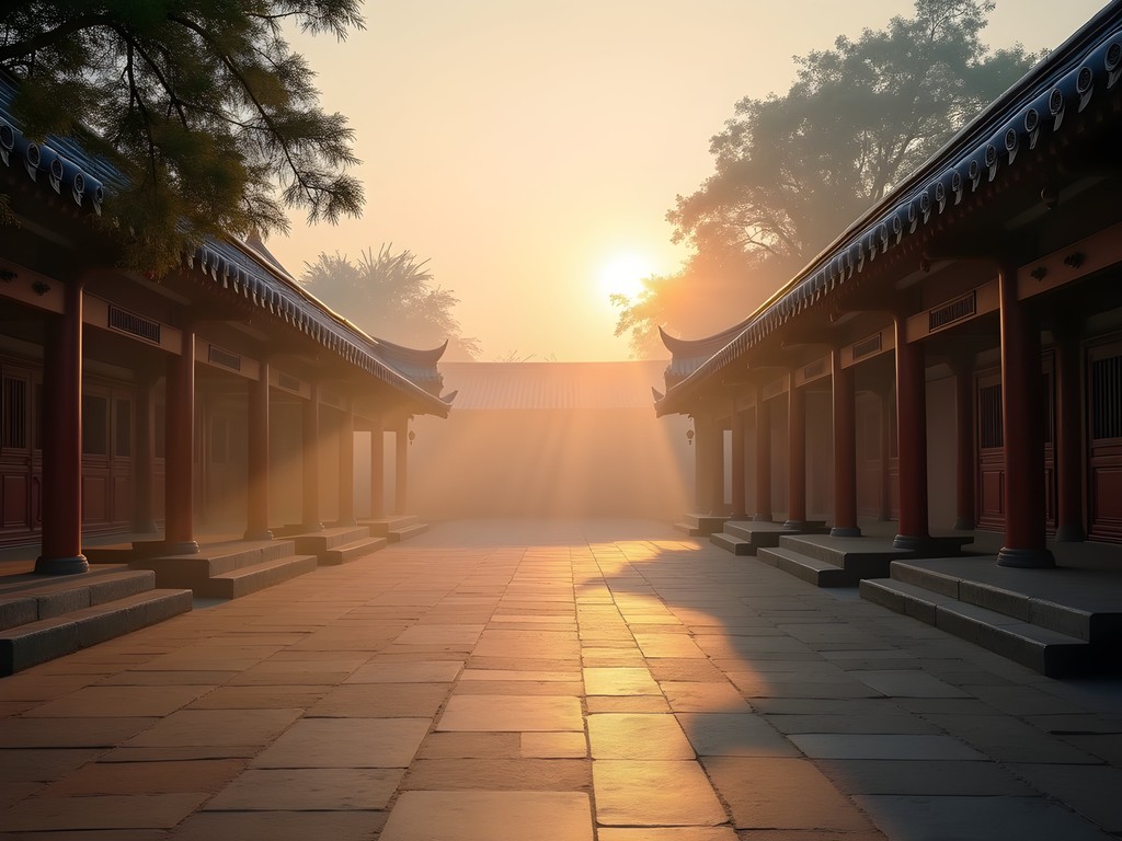 Golden morning light illuminating the ancient pillars of Chiayi Confucian Temple