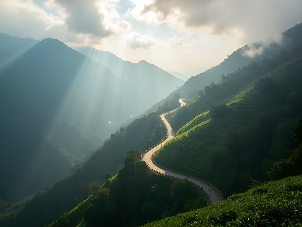 Scenic mountain road winding from Chiayi to Alishan through misty forests and tea plantations