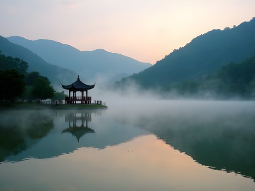 Misty morning at Lantan Lake with traditional pavilion reflecting in still water