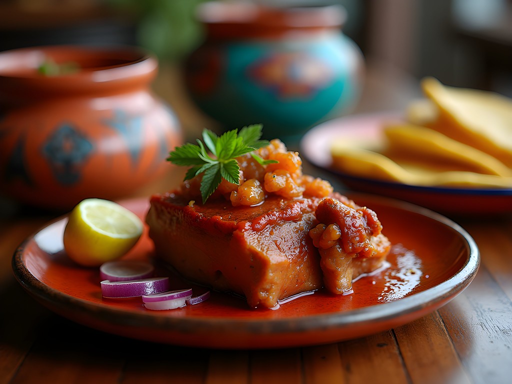 Traditional Yucatecan cochinita pibil with handmade tortillas and pickled onions in a local restaurant