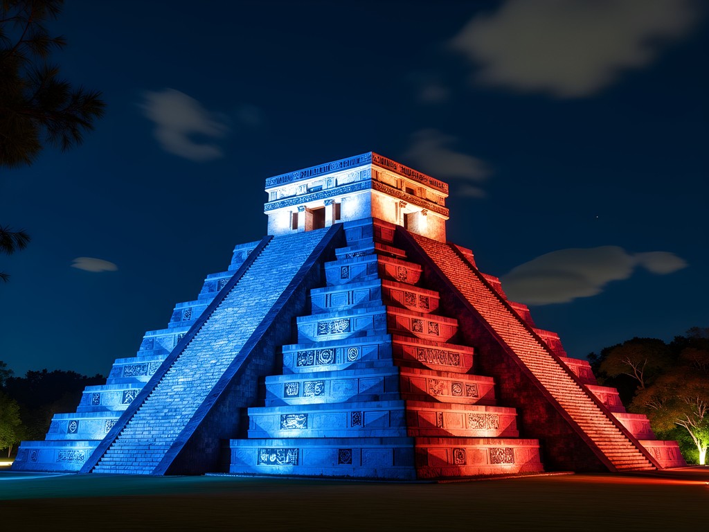 El Castillo pyramid at Chichen Itza illuminated with spectacular light projections during the night show
