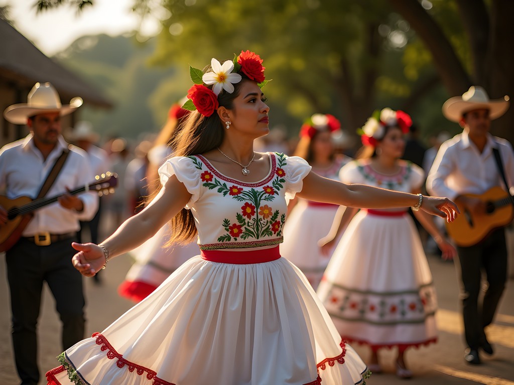 Traditional jarana dance celebration in Xcalacoop village near Chichen Itza with colorful dresses and musicians
