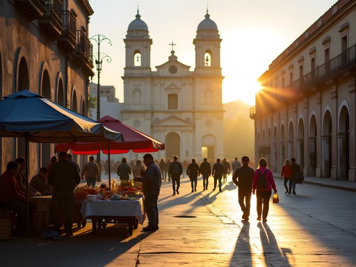 Early morning at Plaza de Armas in Chiclayo with local vendors setting up
