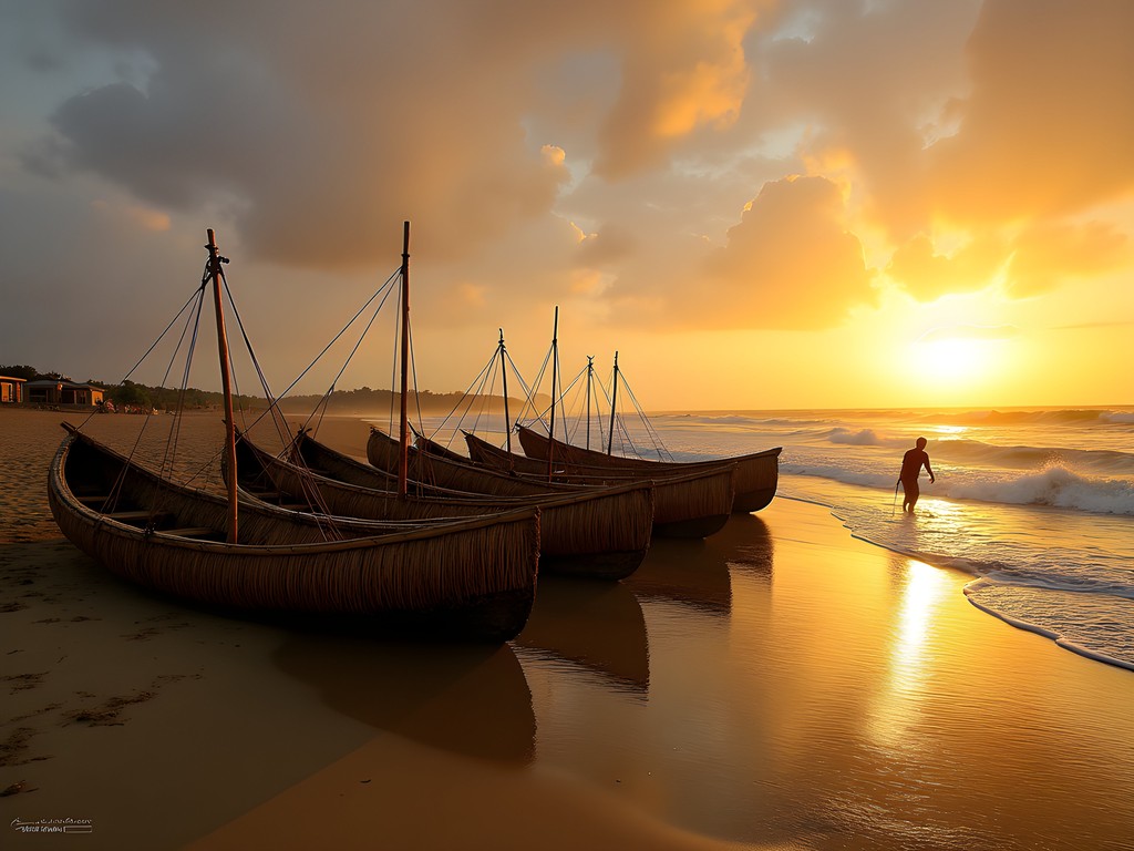 Traditional reed fishing boats (caballitos de totora) on Pimentel beach at sunset