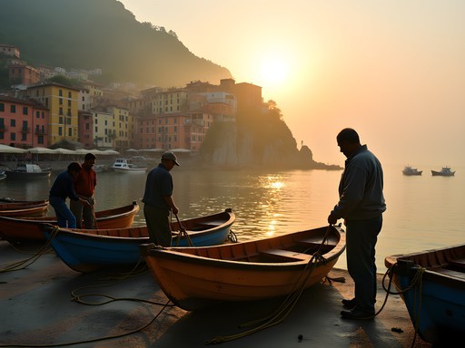 Local fishermen at dawn in Manarola harbor with colorful boats