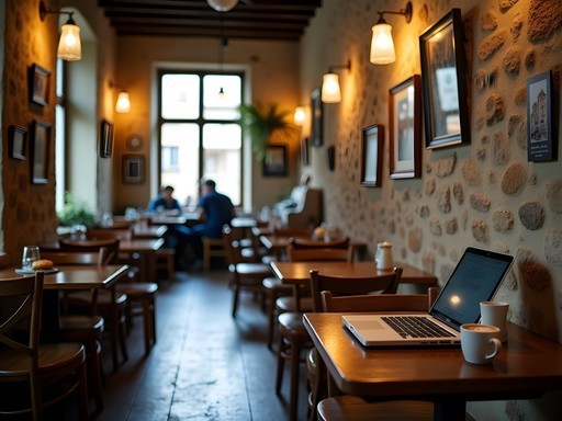 Cozy Italian cafe with laptop setup and espresso in Corniglia