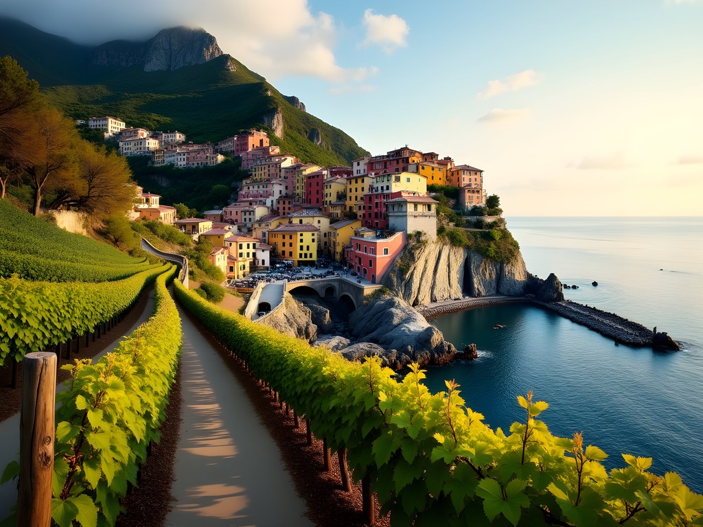 Panoramic view of Manarola from upper hiking trail through vineyards