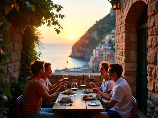 Hidden terrace bar in Vernazza with locals enjoying aperitivo at sunset