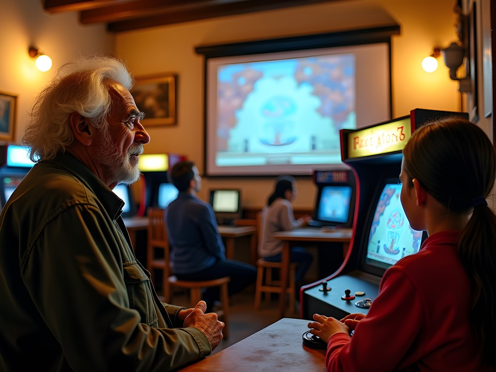 Local Italian grandfather and grandson playing video games together in community center