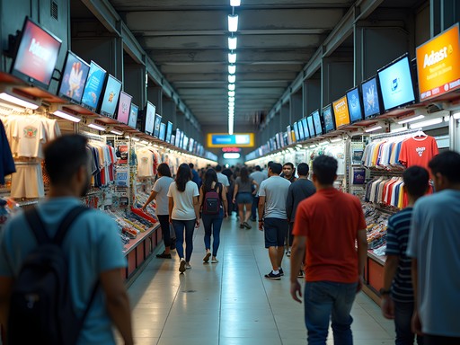 Crowded indoor shopping gallery in Ciudad del Este with multiple vendor stalls
