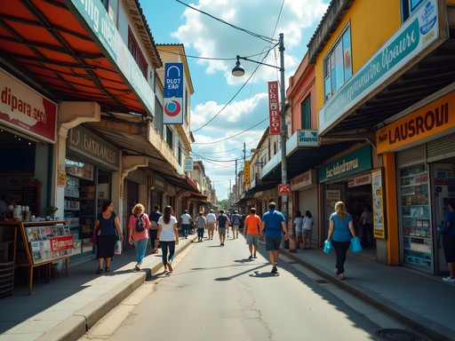 Busy commercial street in Ciudad del Este with shoppers and vendors