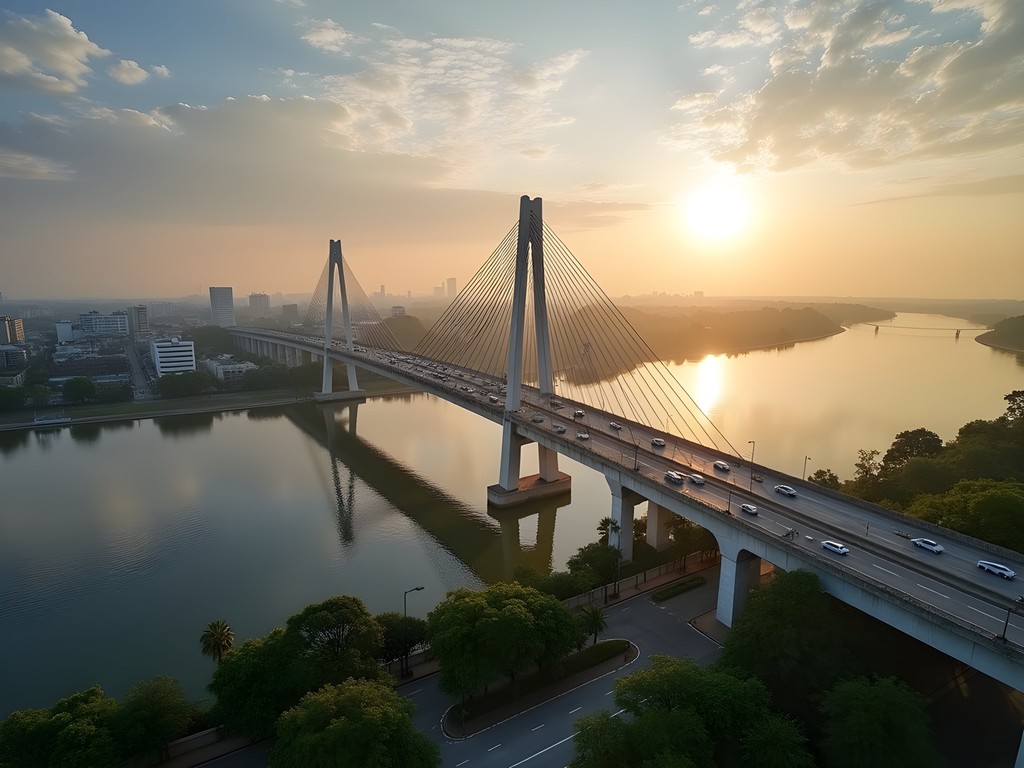 Early morning traffic on the Friendship Bridge between Brazil and Paraguay