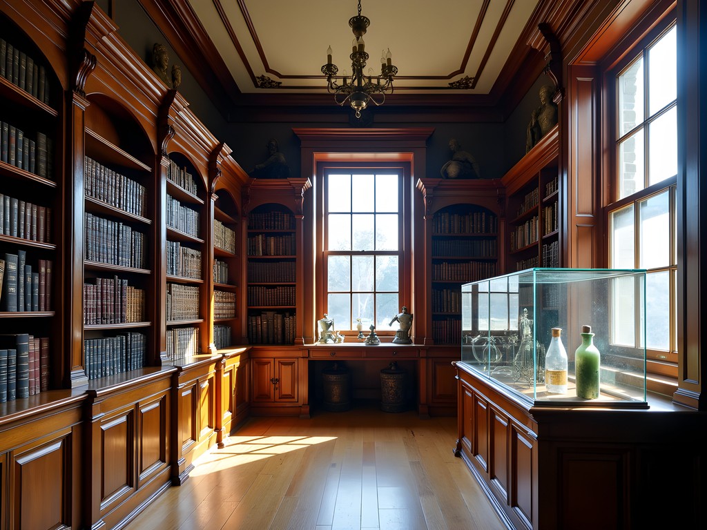 Interior of the Waldomore historical archives showing antique medical texts and apothecary items