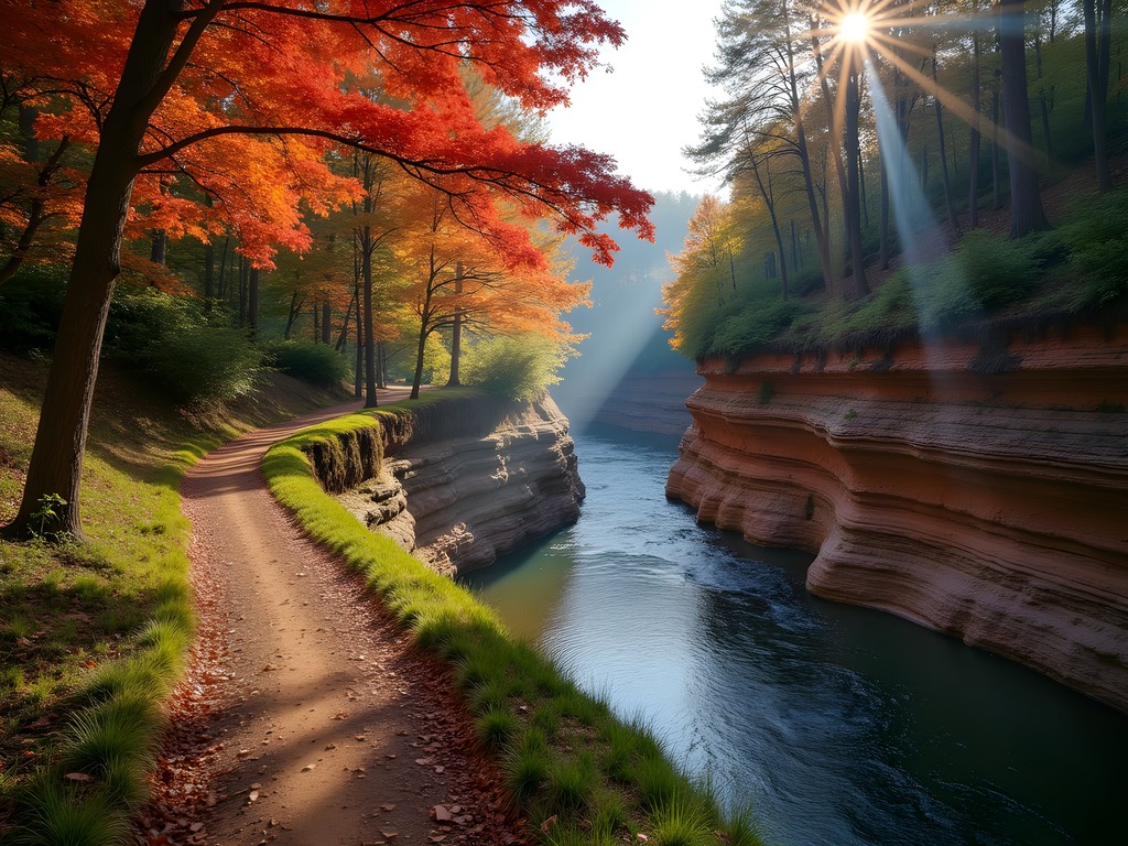 Hiking trail through Watters Smith Memorial State Park with fall foliage and exposed clay banks