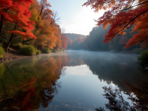 Autumn trees reflecting in calm section of West Fork River with visible fish beneath surface