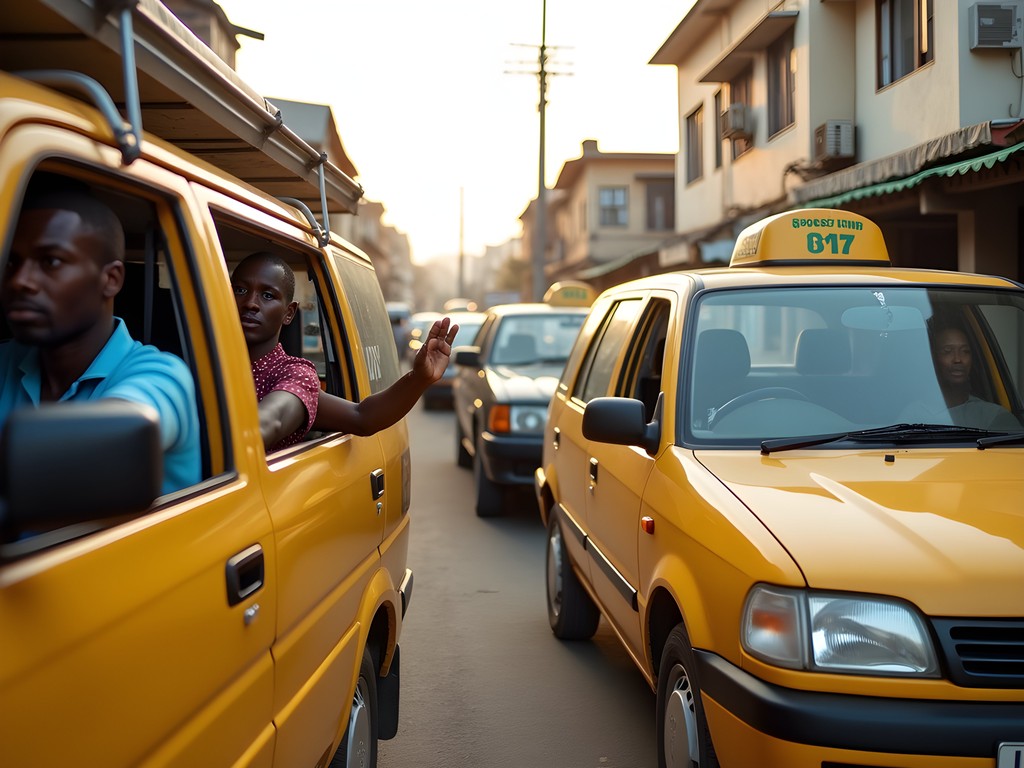 Yellow shared taxis navigating busy street in Conakry