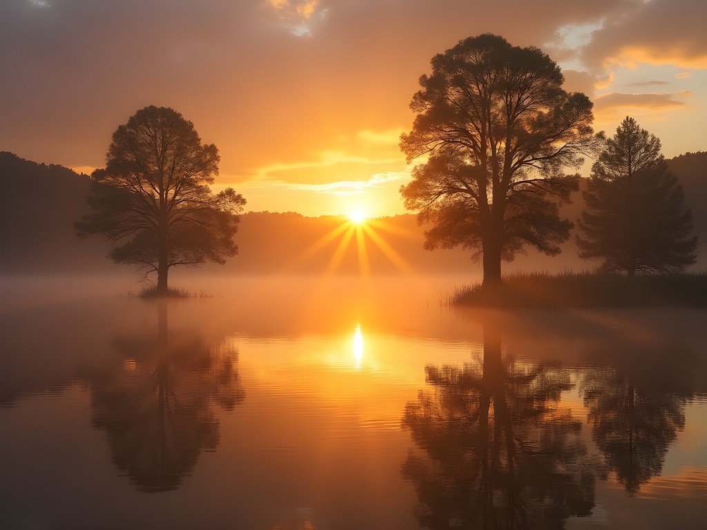 Misty sunrise over cypress trees in Lake Conway with golden light reflecting on water