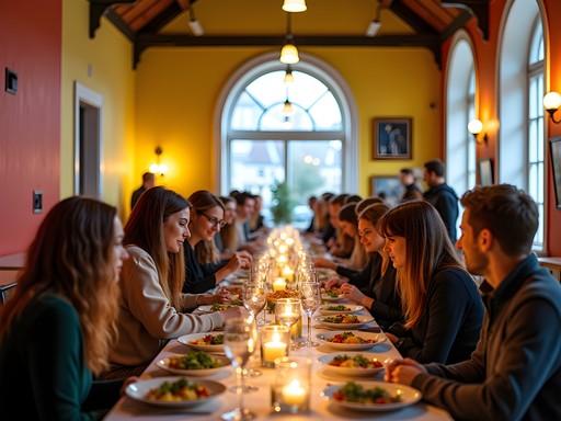Locals gathering for community dinner at Absalon repurposed church in Copenhagen