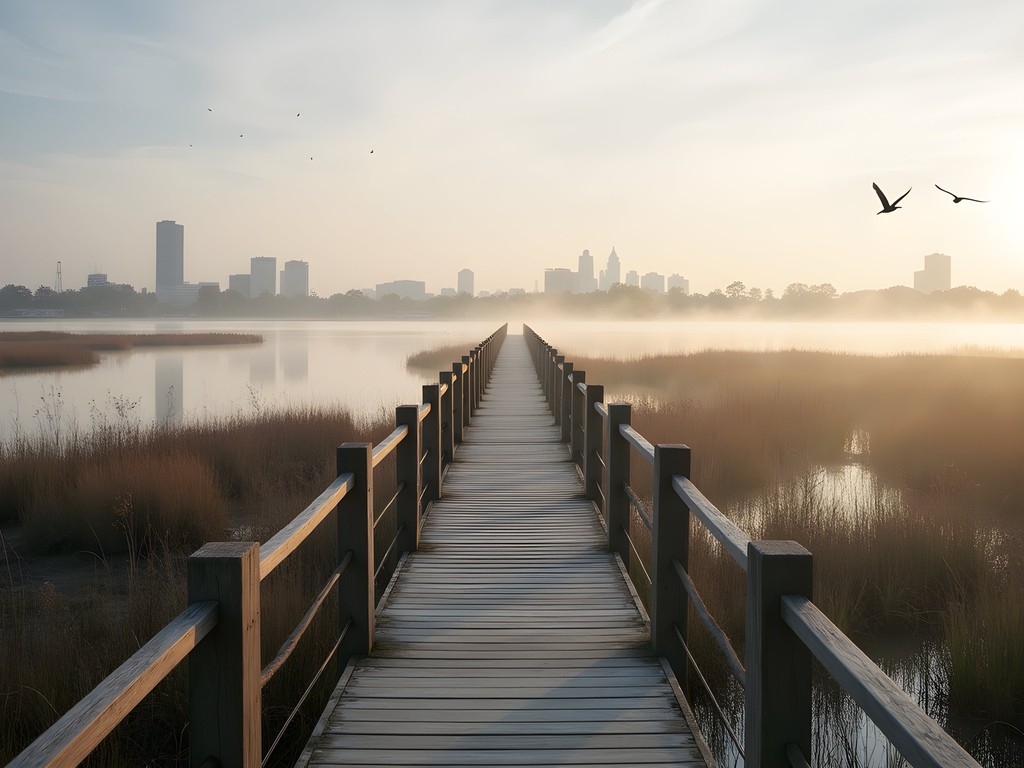 Wooden boardwalk through restored wetlands at Amager Nature Center with Copenhagen skyline visible
