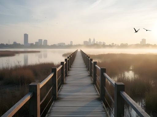 Wooden boardwalk through restored wetlands at Amager Nature Center with Copenhagen skyline visible