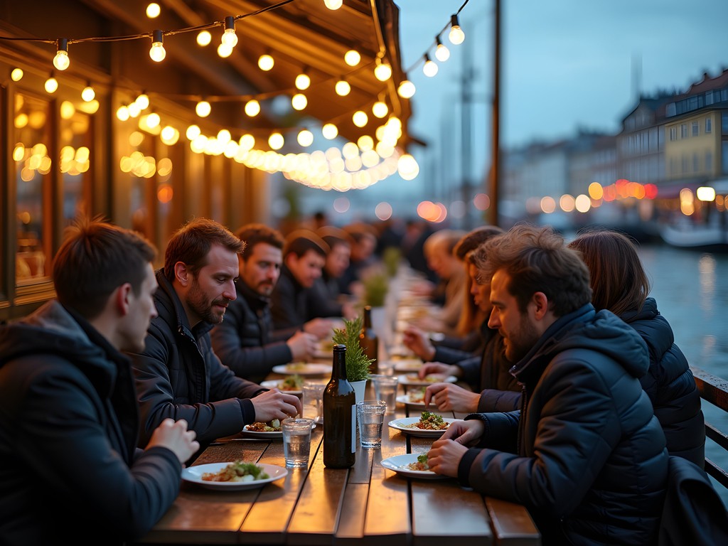 Locals gathering at Broens Gadekøkken food market by Copenhagen harbor