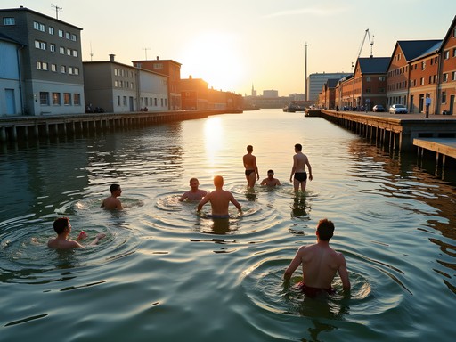 Locals swimming in Copenhagen harbor at Refshaleøen with industrial buildings in background